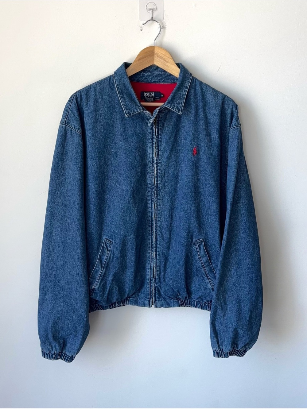 Vintage Polo Ralph Lauren Denim Jacket Size L Red Flannel Lined Harrington MiUSA